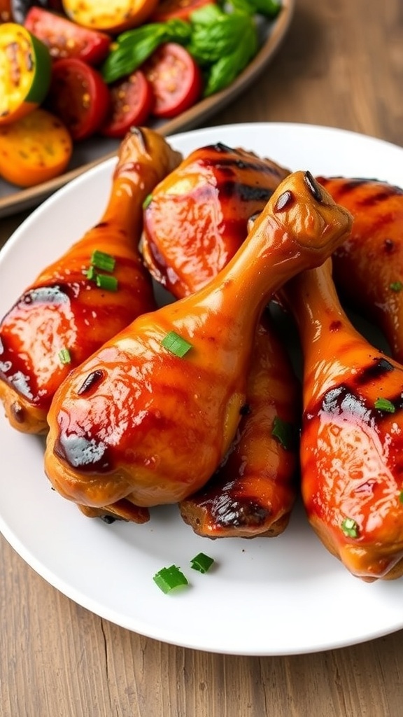 Grilled chicken drumsticks glazed with marinade, served with fresh herbs and grilled vegetables on a rustic table.
